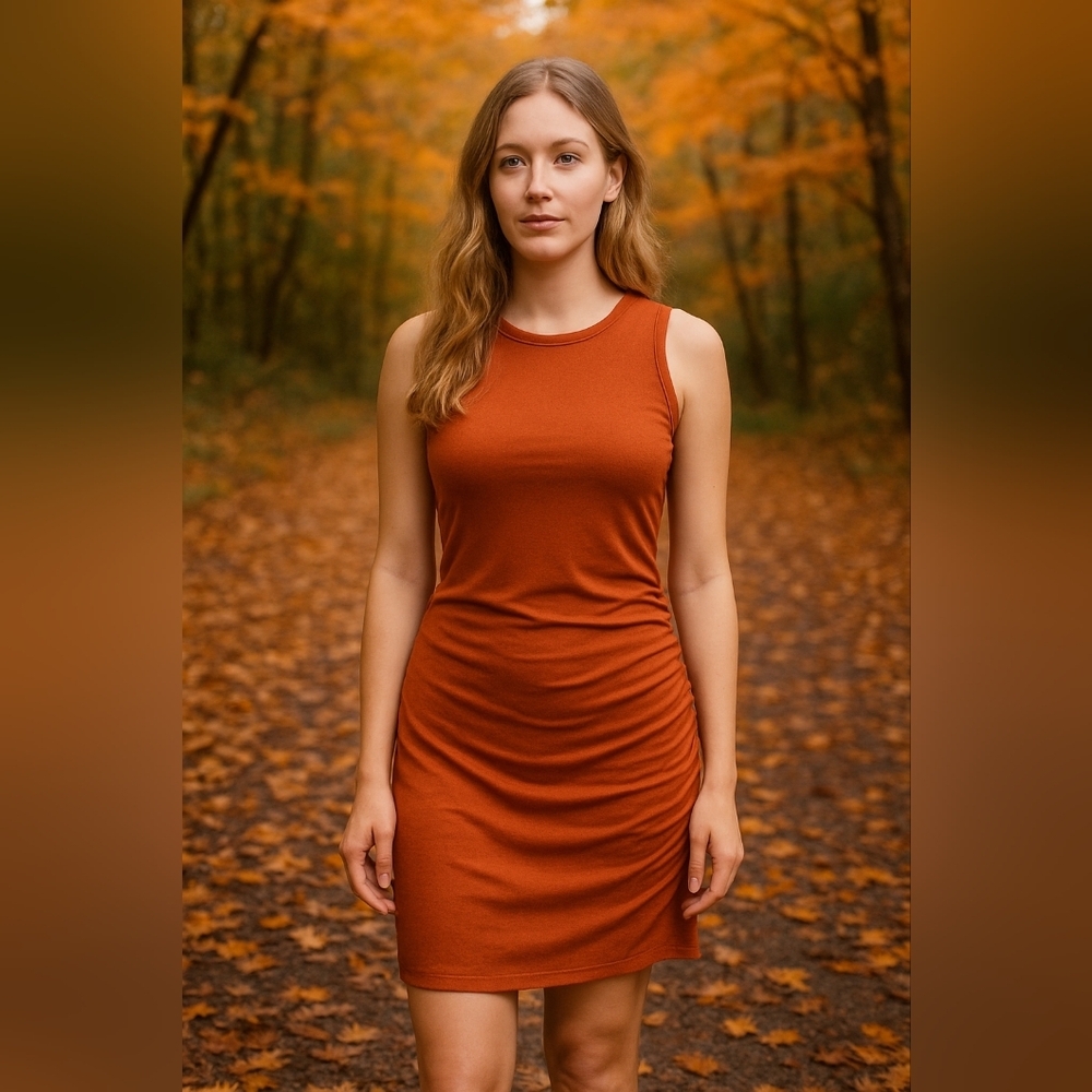Medium Sleeveless Rust Dress Everyday Chic Rouched Bodycon Fall Minimalist